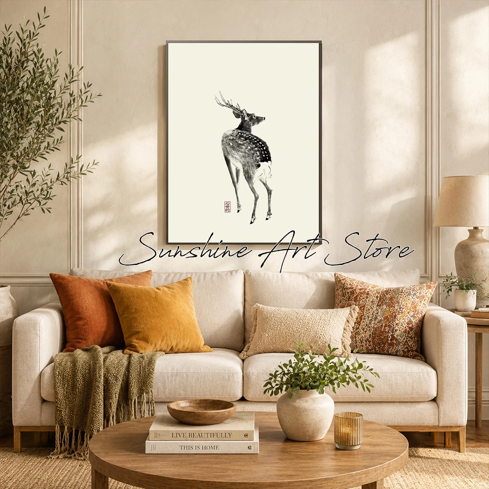 Minimalist Ink Style Japanese Deer Painting Vintage Asian Fine Art Curious Deer Poster Canvas Painting Wall Pictures Home Decor