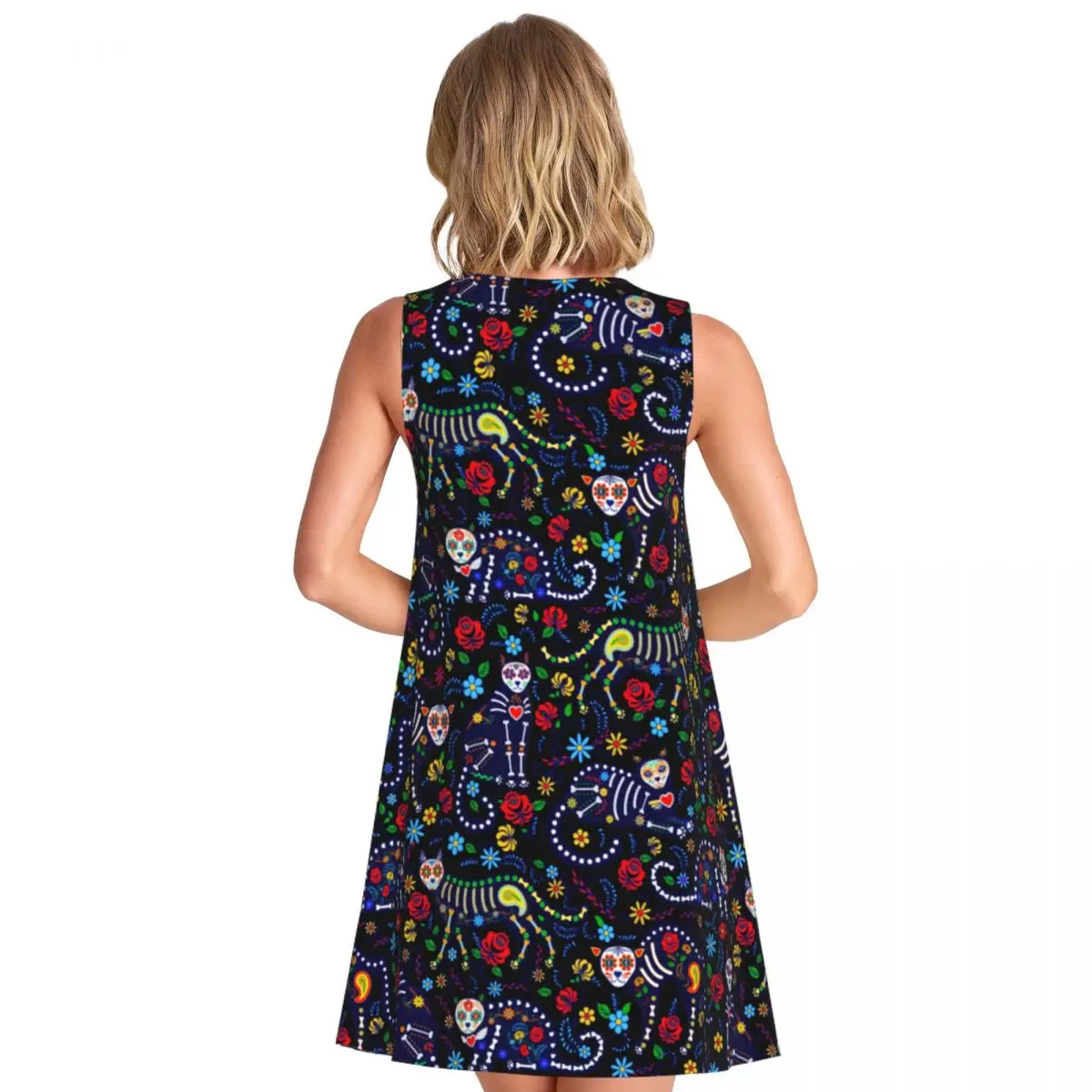 Vintage Halloween Casual Dress Calaveras Cats Day of the Dead Art Night Club Dresses Female Summer Print Oversize Casual Dress
