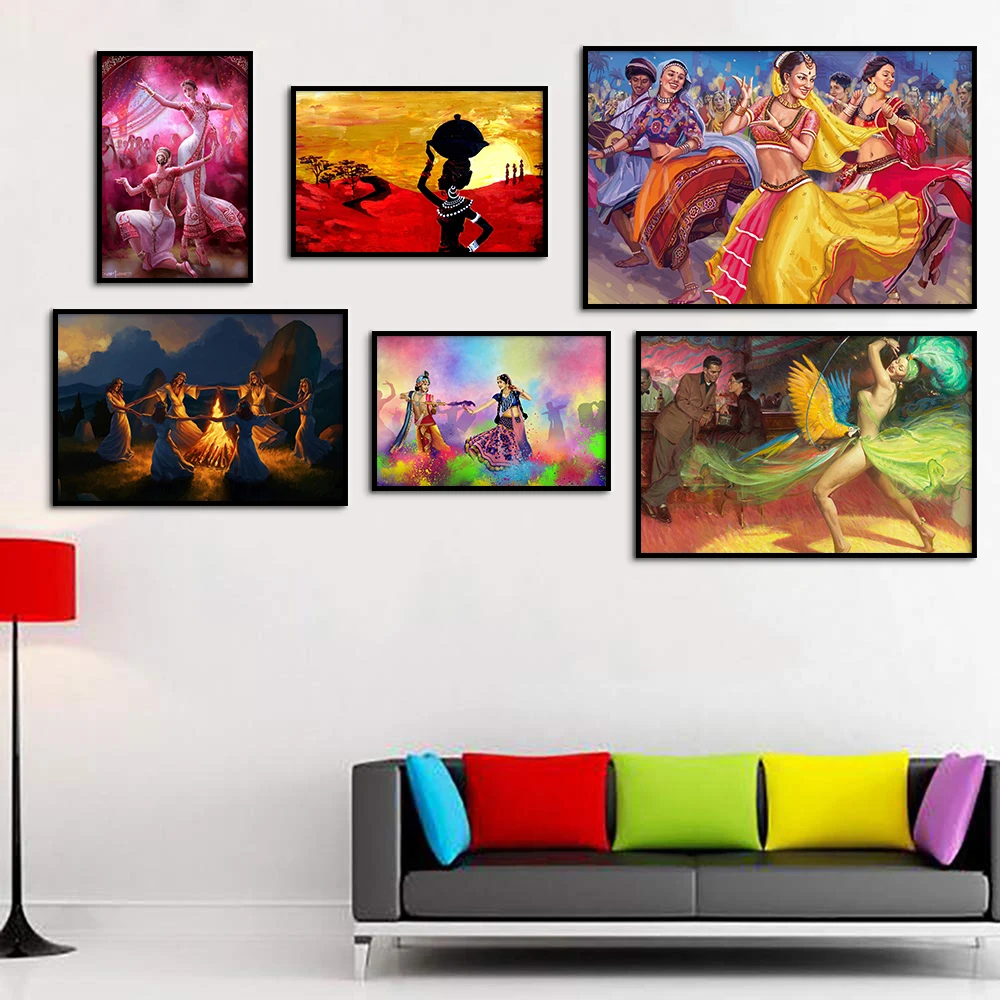 

Beautiful Indian Woman Folk Dance Poster Abstract Wall Art Canvas Painting Girls In Skirt Dancing Picture Prints Room Home Decor