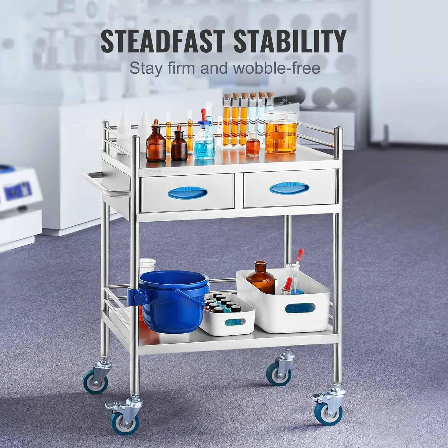 Lab Serving Cart, 2 Layers Stainless Steel Utility Rolling Cart, Medical Cart with Two Drawers, Dental Utility Cart