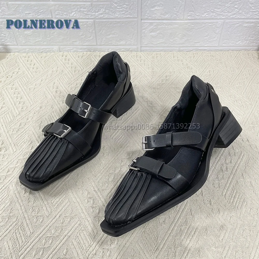 Belt Buckle Shallow Pleated Pumps Square Toe Chunky Heels Black Retro Mary Janes Solid Casual Rivet Hollow Out Shoes 2024 Trend