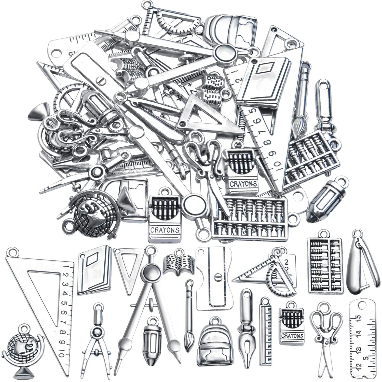 

40pcs Craft Supplies Alloy School Teacher Charms Pendant Ruler Pencil Compasses Charm Pendants for DIY Jewelry Making