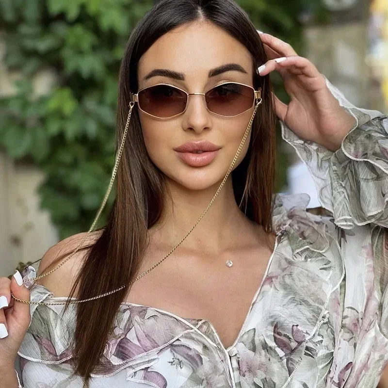 Vintage Punk Sunglasses Women With Chain Small Frame Sun Glasses for Ladies 2024 Luxury Brand Designer Hexagon Eyewear UV400
