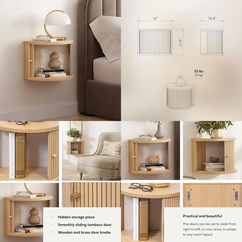 

16 Inch Wall-Mounted Floating Nightstand Shelf with Sliding Door Storage