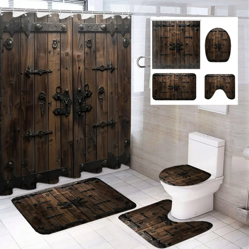 Wooden Door Pattern Printed Shower Curtain Set with 12 Hooks, Modern Bathroom Decor, Polyester Knit Fabric, Water-Resistant, Mac