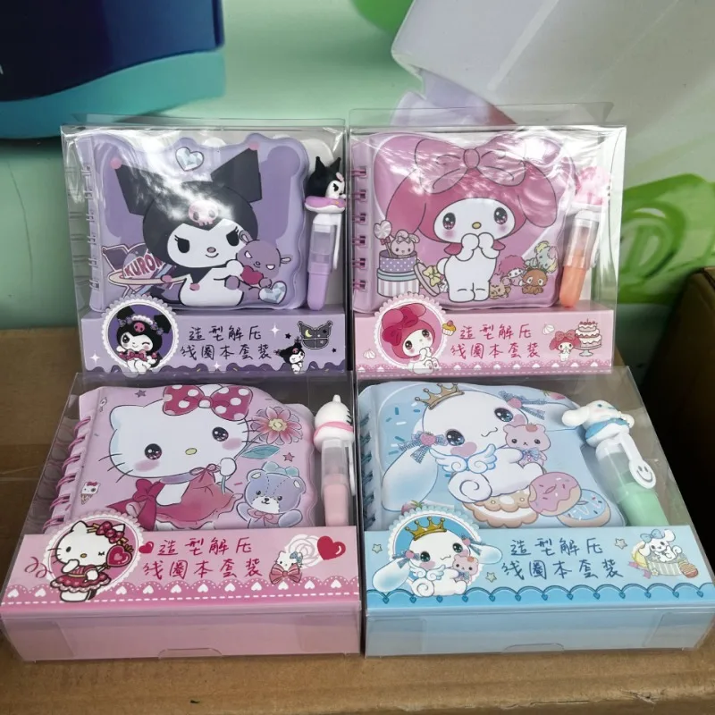 Sanrio Portable Notebook Hello Kitty Meiledi Kuromi Kawaii Coil Loose-leaf with Highlighter Set Stress Relief Notebook Notepad