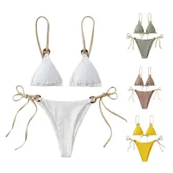 Kostiumy kąpielowe 2 sztuk/zestaw modny bezprzewodowy strój kąpielowy dwuczęściowe letnie Bikini Set Solid Color na wakacje