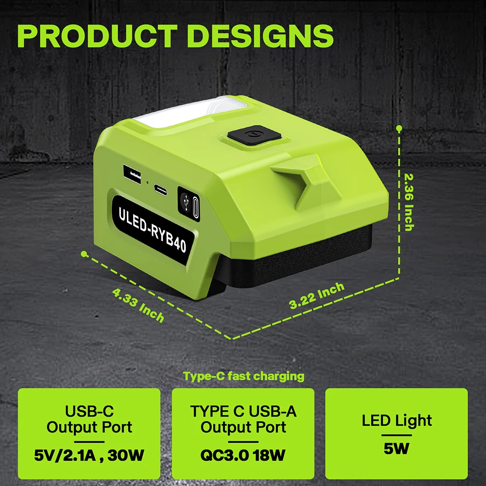 電動工具アダプターコンバーター 5W LED作業灯 リョービ40Vリチウムイオン電池 USB Type-C充電器 パワーバンク OP4040 OP4050 OP4050A対応