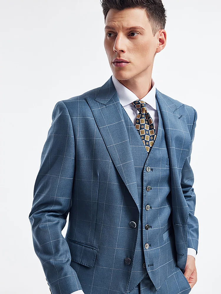 Men Suits Set Blazer Vest Pant 70% Wool High Quality 2022 Summer Light Blue Plaid Leisure Wedding Groom Wear Luxury Clothing 60