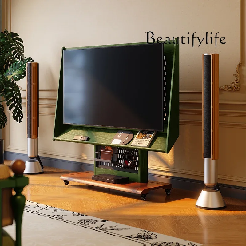 X35 French Retro Floor Removable TV Stand Medieval Base Floor TV Stand Solid Wood Movable TV Stand