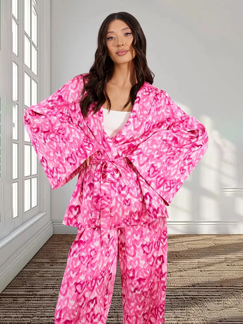 

Marthaqiqi Fashion Women Pajamas Set Sexy V-Neck Robe Long Sleeve Sleepwear Lace Up Nightie Pants Printing Ladies Nightwear Suit