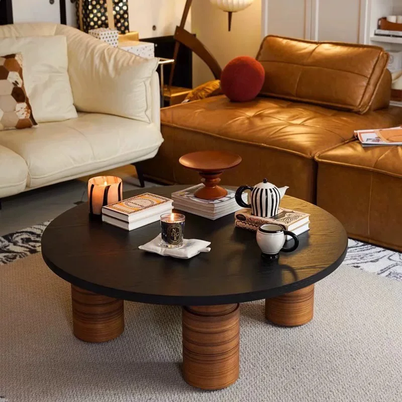 Coffee table solid wood medieval minimalist round movable table living room household small apartment wabi-sabi wind new model