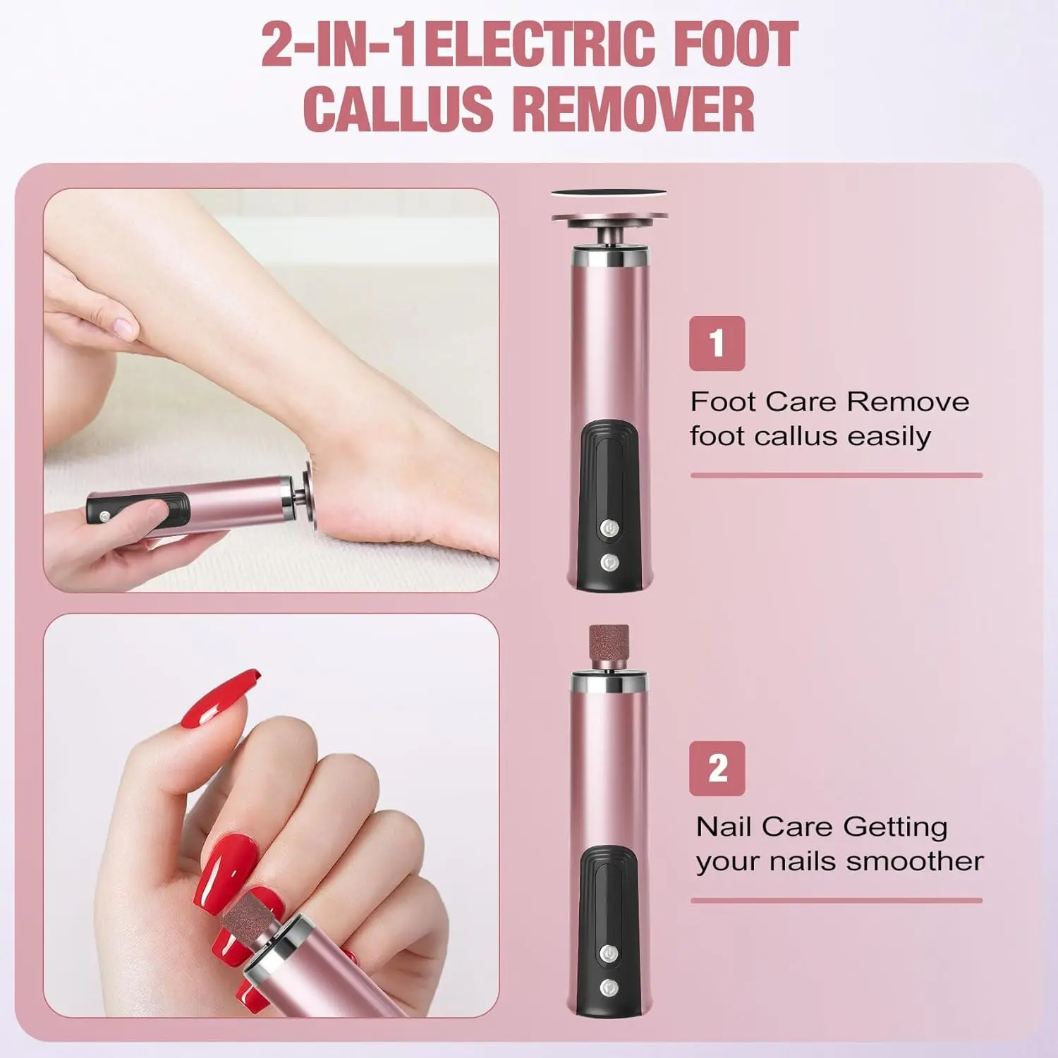 Elektryczny pilnik do stóp z 2 głowicami szlifierskimi, bezprzewodowy skrobak do stóp, narzędzie do pedicure do usuwania martwego naskórka.