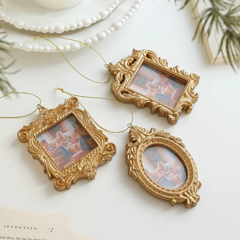 Gold Resin Special Shaped Photo Frame Pendant Decor For Christmas Tree Household Window Holiday Hanging Ornaments