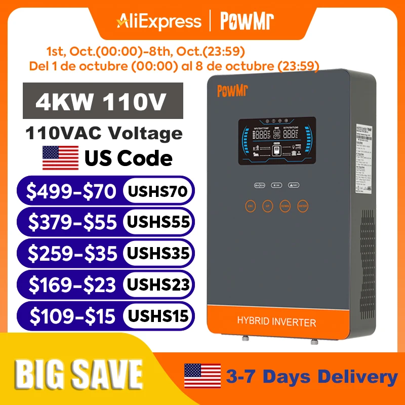 PowMr 4KW Hybrid Solar Inverter 24V 110V Off Grid Inverter Work Without Battery with MPPT 140A Solar Battery Charger