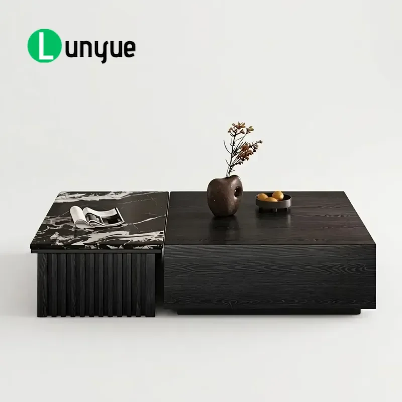 Modern Luxury 2-Piece Nested Coffee Table Set Solid Wood Frame 18mm Natural Marble Top with Storage Drawers for Living Room