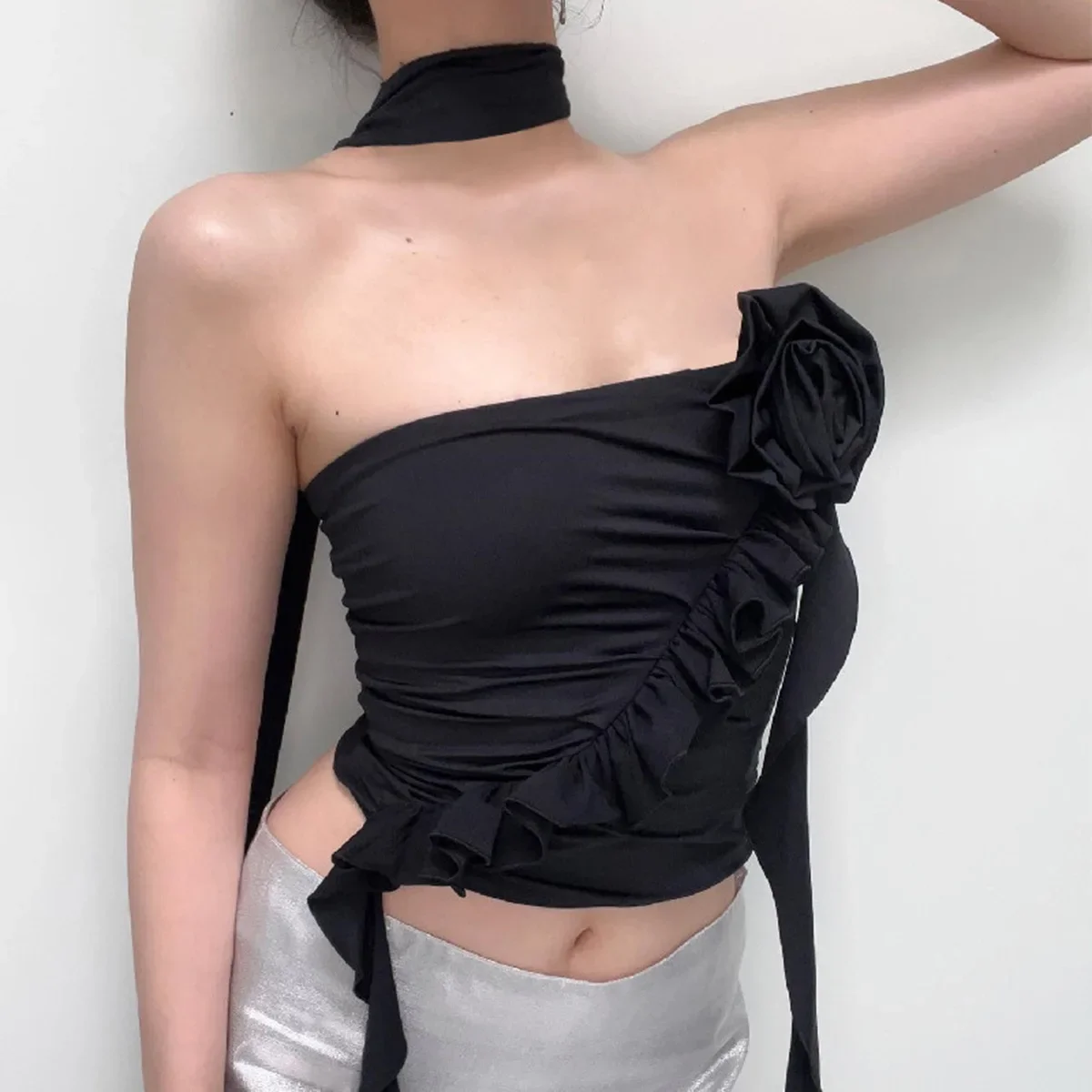 

One Collar Off Shoulder Floral Top, New Sexy Women's Top With Exposed Navel