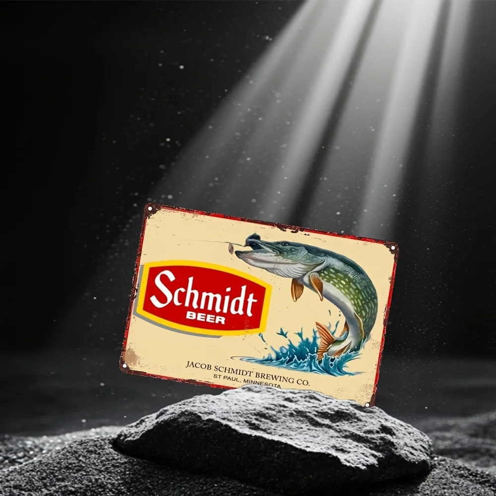 Vintage Schmidt Beer Metal Sign -  UV Printed Retro Wall Art, Rustic Fish Design for Home, Office, Bar, Cafe, Bedroom Decor, Ind