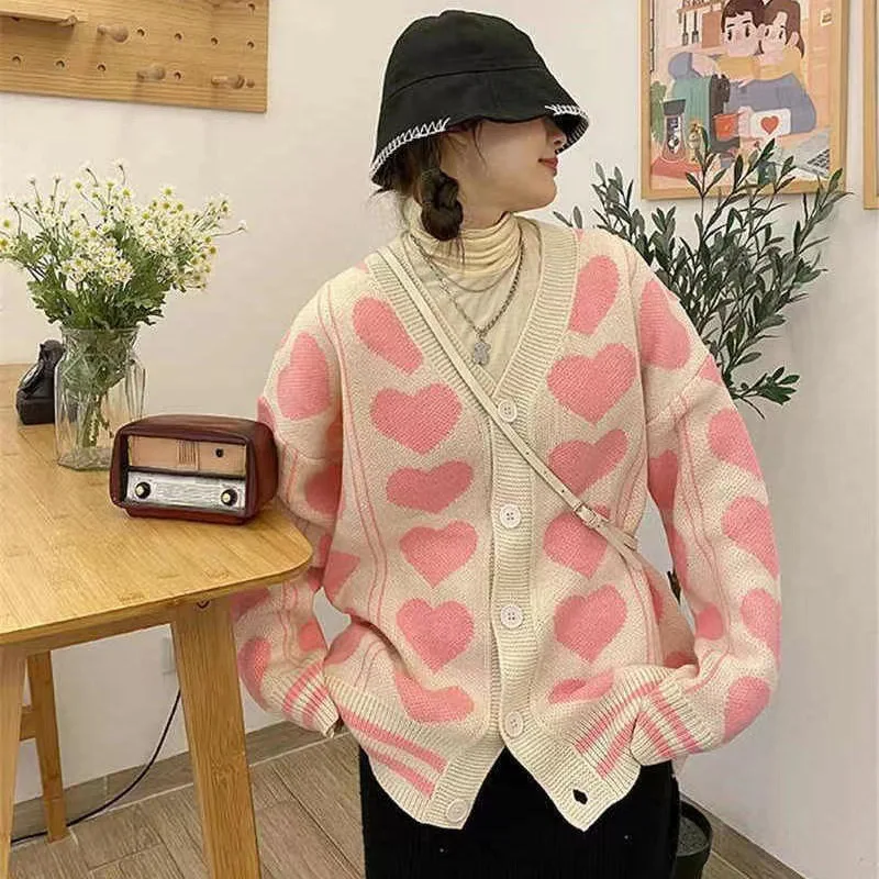 2022 Cute Solid Color Cardigan Women's Spring and Autumn Korean Version Of Love Pattern Cardigan Lazy Wind Loose Knitted Sweater