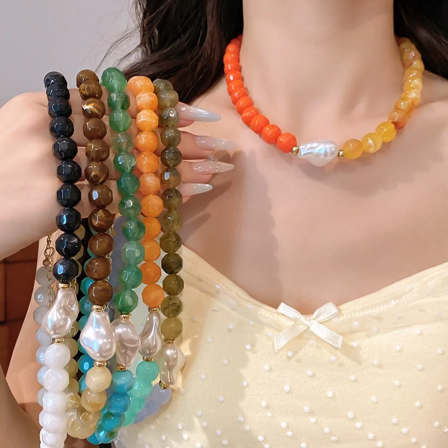 Multicolor Faceted Bead Choker Irregular Baroque Pearl Collar Necklace Minimalist Boho Chain Women Vacation Fashion Jewelry