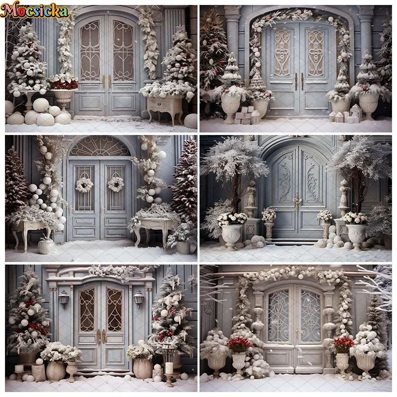 

Mocsicka Photography Background Winter Snowy Wooden Door Christmas Tree DecorChildren Portrait Xmas New Year Party Photo Studio