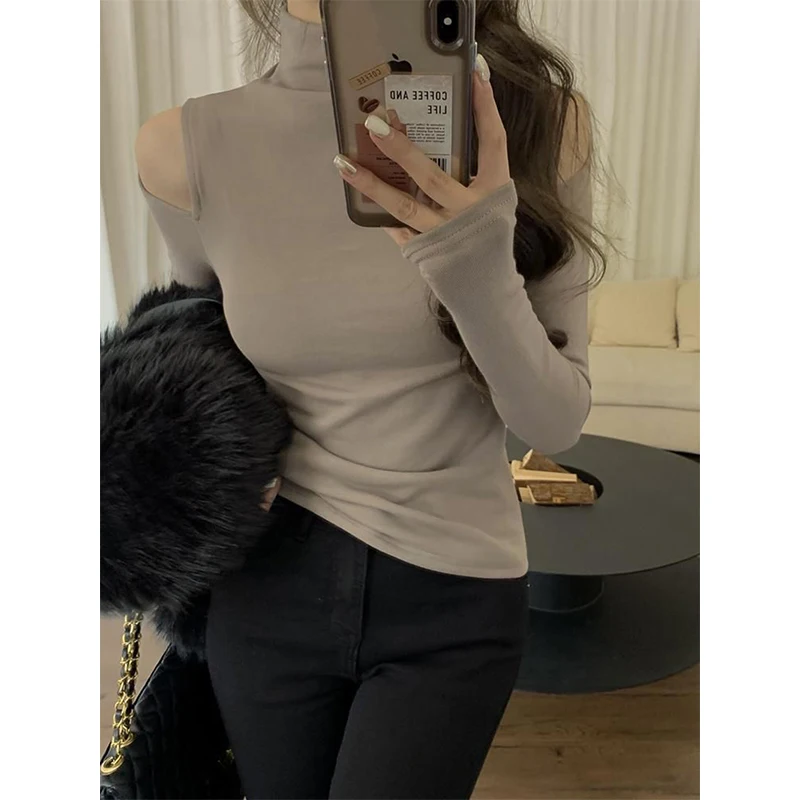 Turtleneck Off Shoulder T Shirts Women Thin Velvet Long Sleeve Bottom Shirt Spring Autumn Streetwear Korean Hollow Out Slim Tops