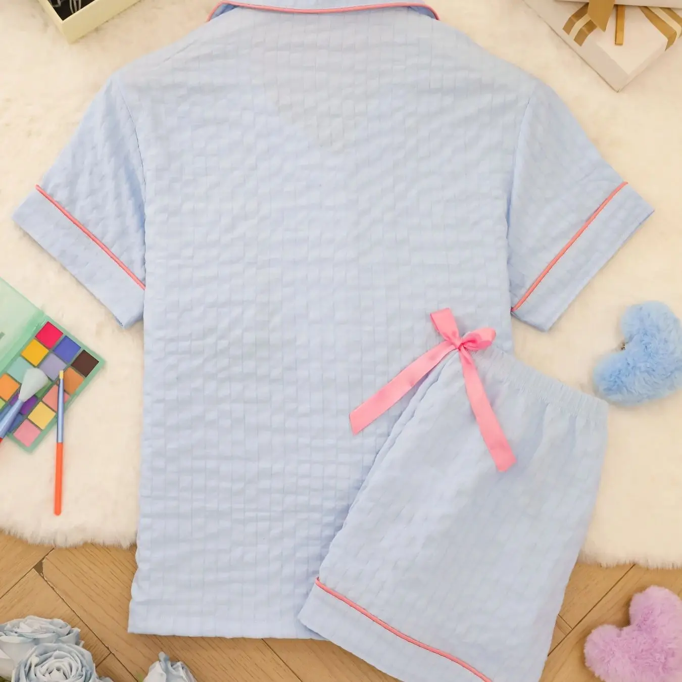 Healing Style Fresh Style Solid Color Home Wear Light Blue Base Short Sleeved Shorts Pajamas Skin Friendly and Sweat Free