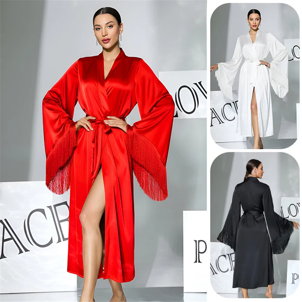 Female Tassel Cuff Long Robe Nightgown Kimono Bathrobe Sleepwear Spring Summer Casual Silk Satin Homewear Lounge Wear