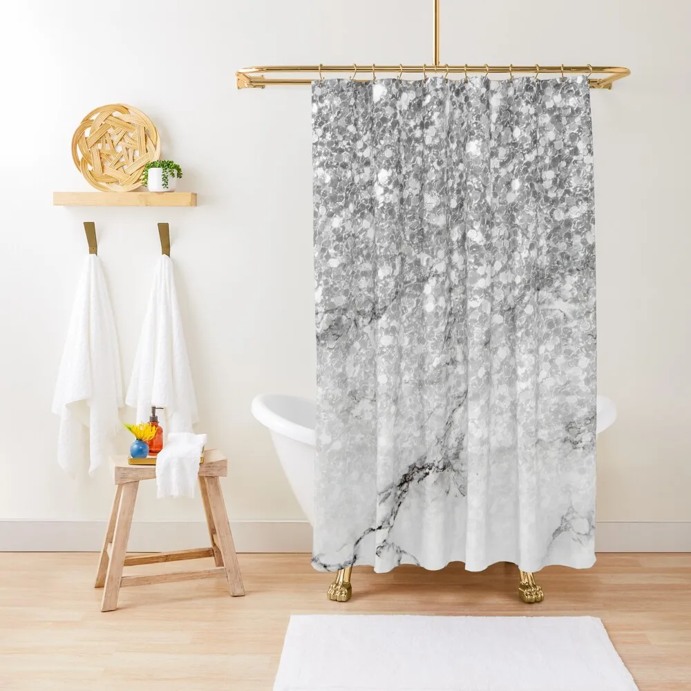 

White faux marble and silver glitter ombre image Shower Curtain Waterproof Fabric Bathroom For Shower Curtain