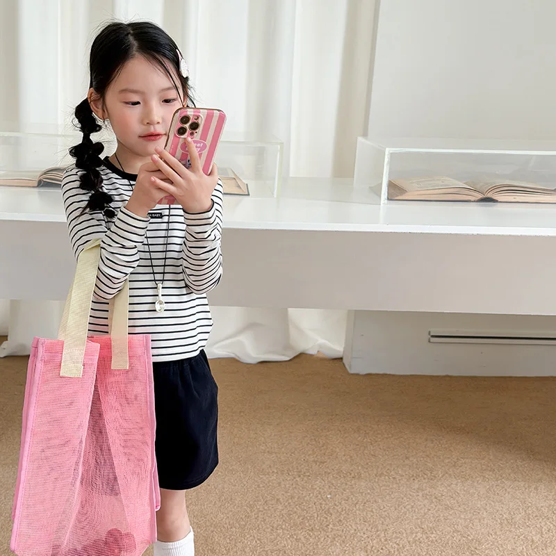 Children Cool Breathable Long Sleeved T-shirt for Girls Short Sunscreen Striped Base Shirt Versatile