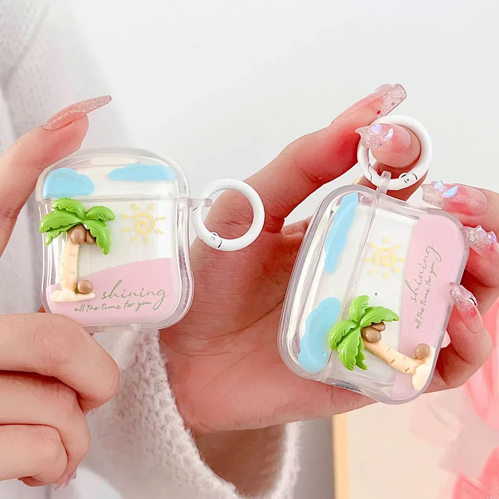 Summer Beach 3D Coconut Tree Clear Earphone Case For AirPods Pro 2 Cartoon Small Waist Headset Box Funda For Apple Airpod 3 1