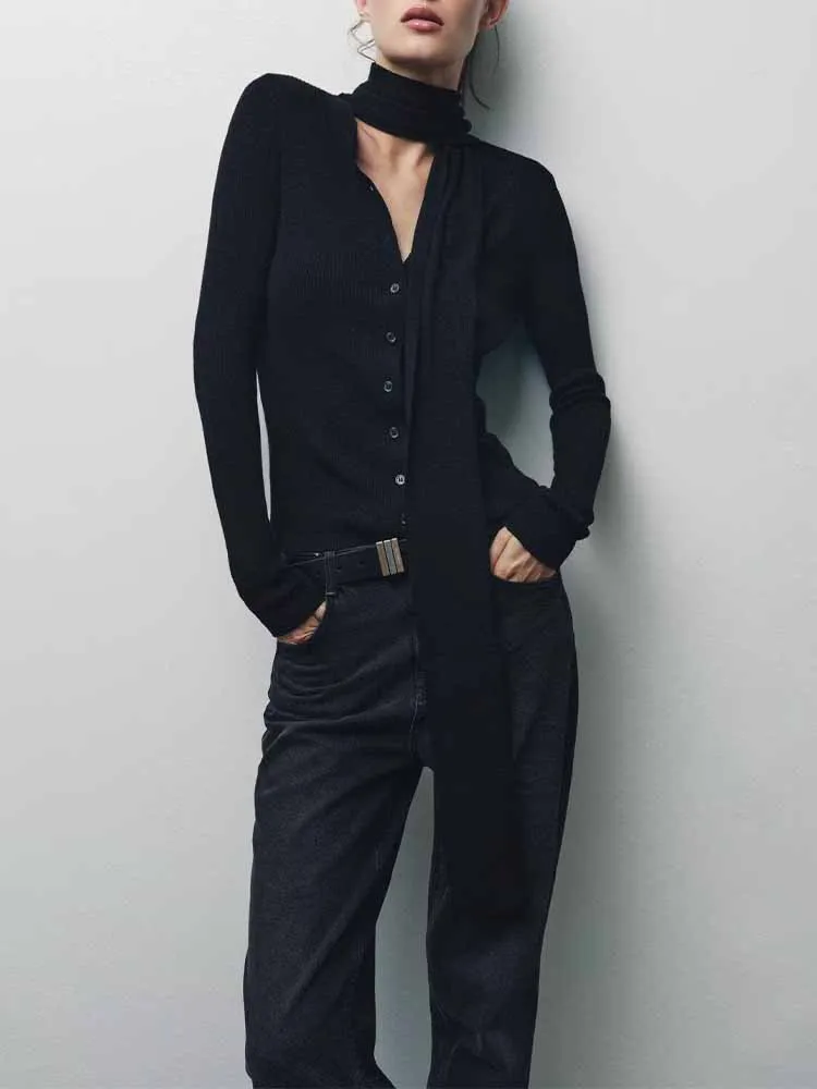 

European and American style autumn new arrivals fashionable women's long-sleeved scarf ribbed round neck knit cardigan