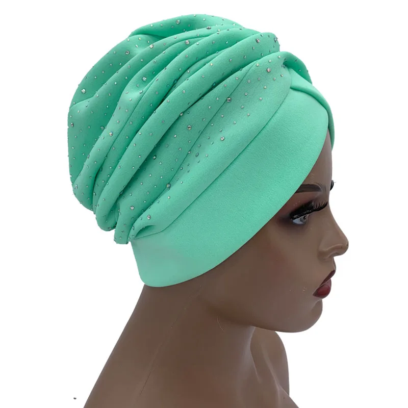 Glitter Diamant Geplooide Tulband Hoed Voor Vrouwen Moslim Hoofddoek Cap Lady Head Wrap Motorkap Mode Hijab Tulbanden Afrikaanse India Hoeden