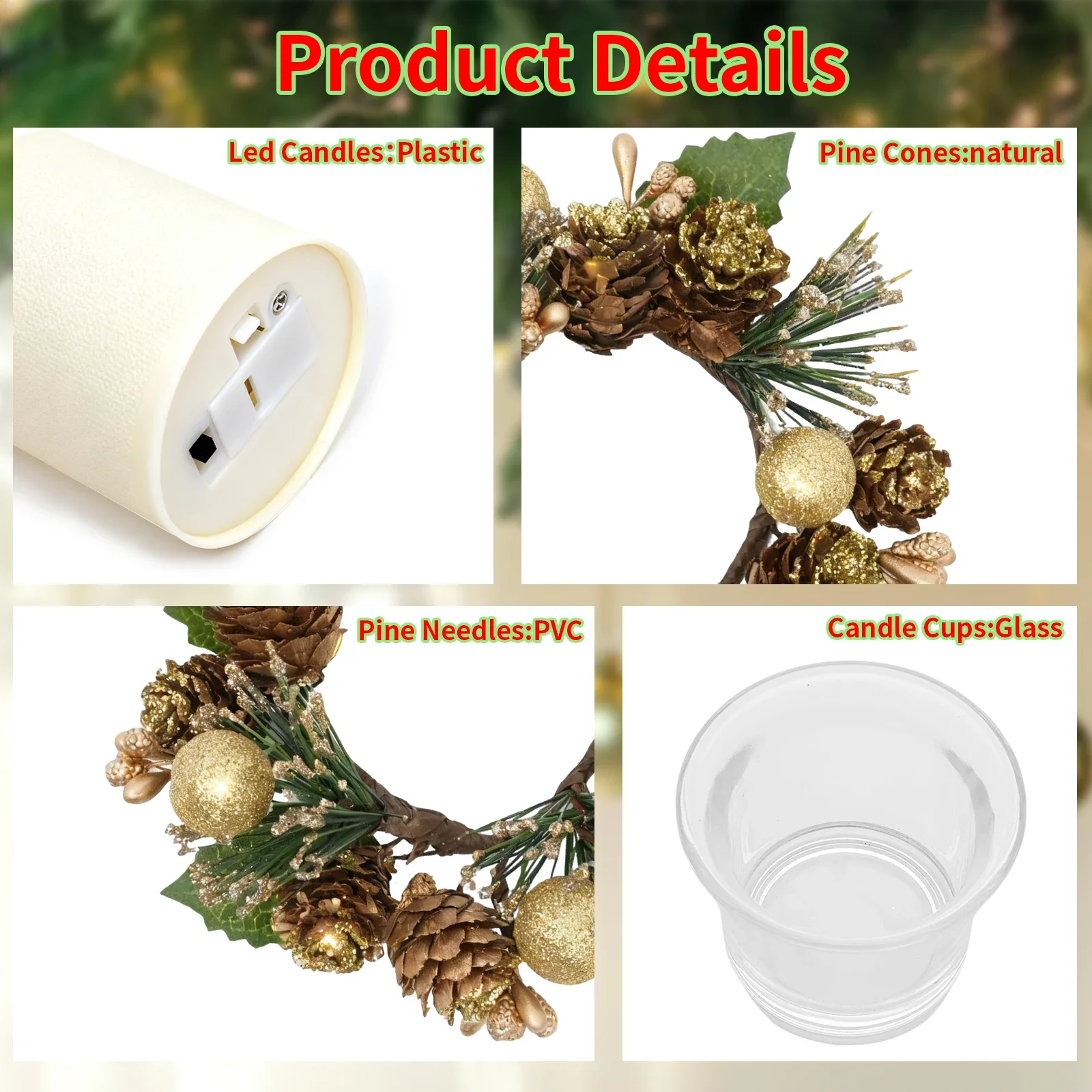 6 Pcs Christmas Candle Rings Wreaths Artificial Pine Wreaths with Christmas Balls Golden Twigs and Silver Berries Candle Ring Holder for Xmas Winter Indoor Centerpiece Table Decorations Green&Gold