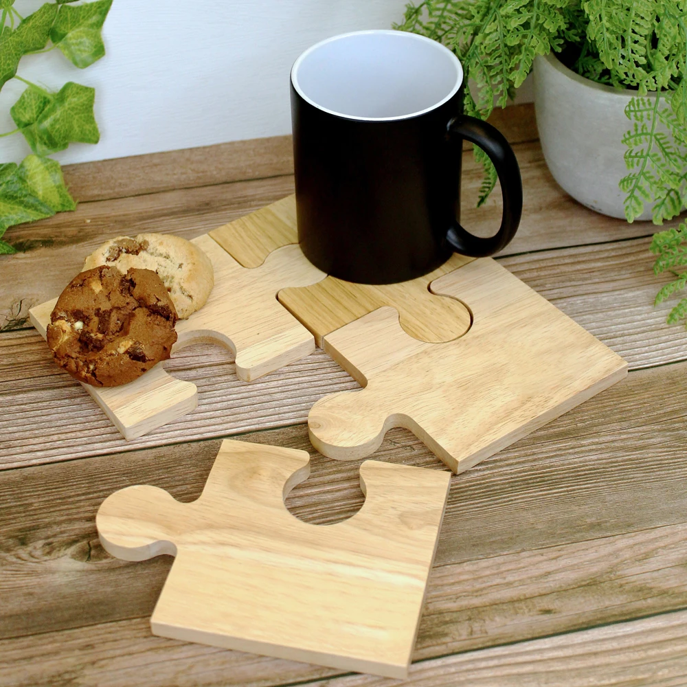 4PCS/Set Solid Wooden Creative Jigsaw Puzzle Coaster Beech Wood Home Coaster Walnut Wood Heat Desktop Decoration Birthday Gift