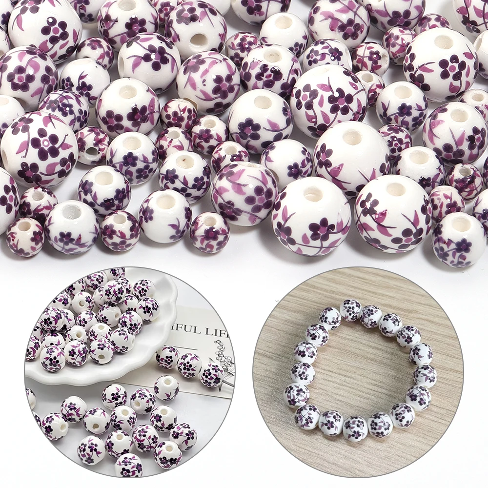 20-30pcs 6 8 10 12mm Jingdezhen Ceramic Beads Purple Flower Pattern Round Loose Beads For DIY Jewelry Making Necklace Bracelet view 4