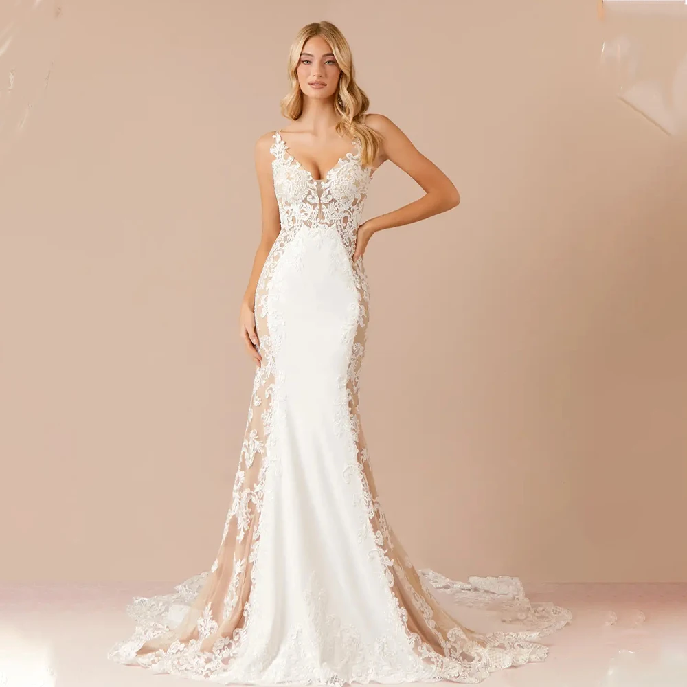 

Sexy Wide Straps V-neck Lace Applique Mermaid Wedding Dresses Sweep Train Custom Made Formal bridal Grown Rode De Morrie