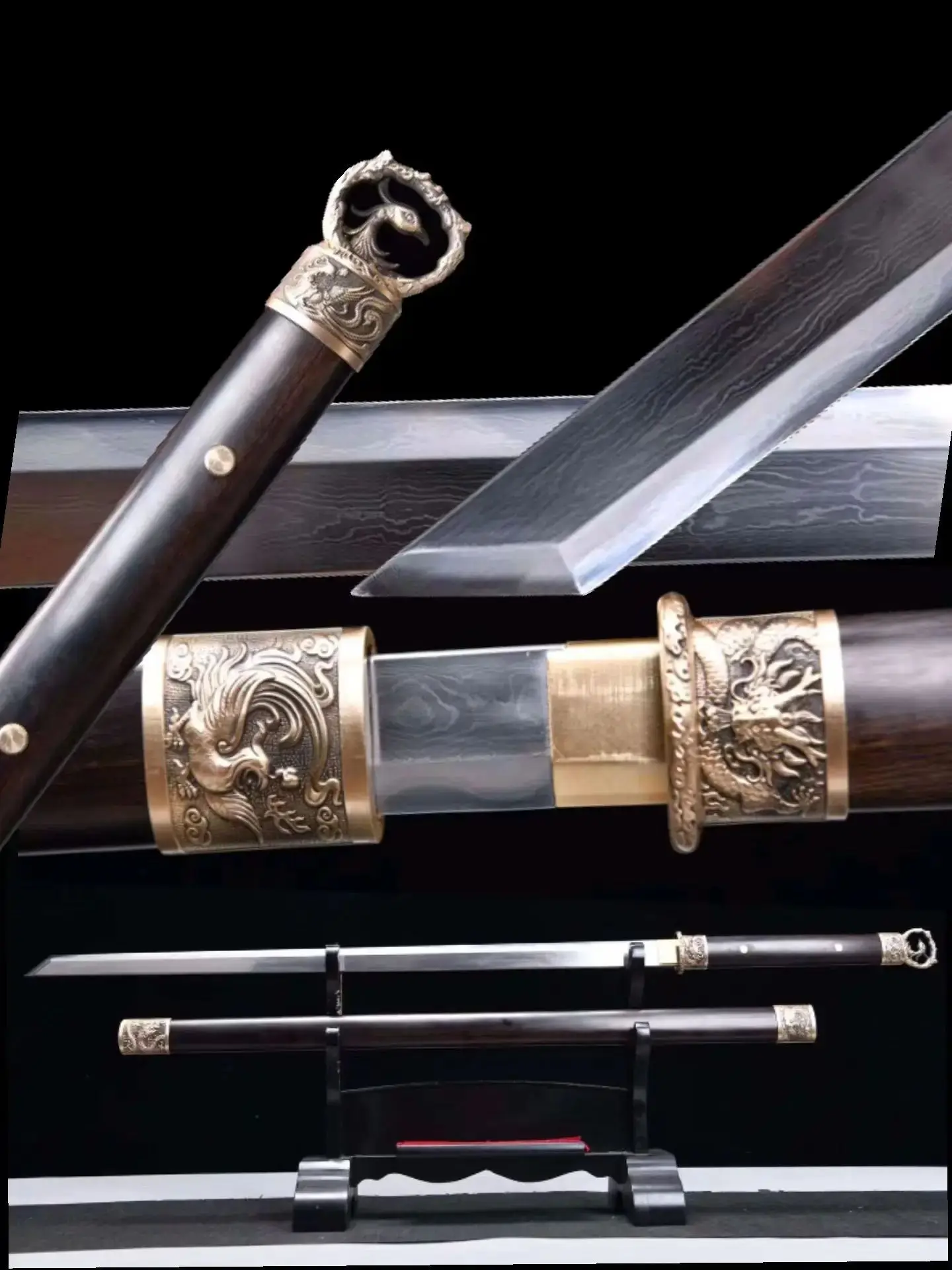 Multi Refined Clay Burnt Folded Meteorite Patterned Steel Blade, Chinese Traditional Kungfu Battle Sword,Ebony Sheath,Unhardened