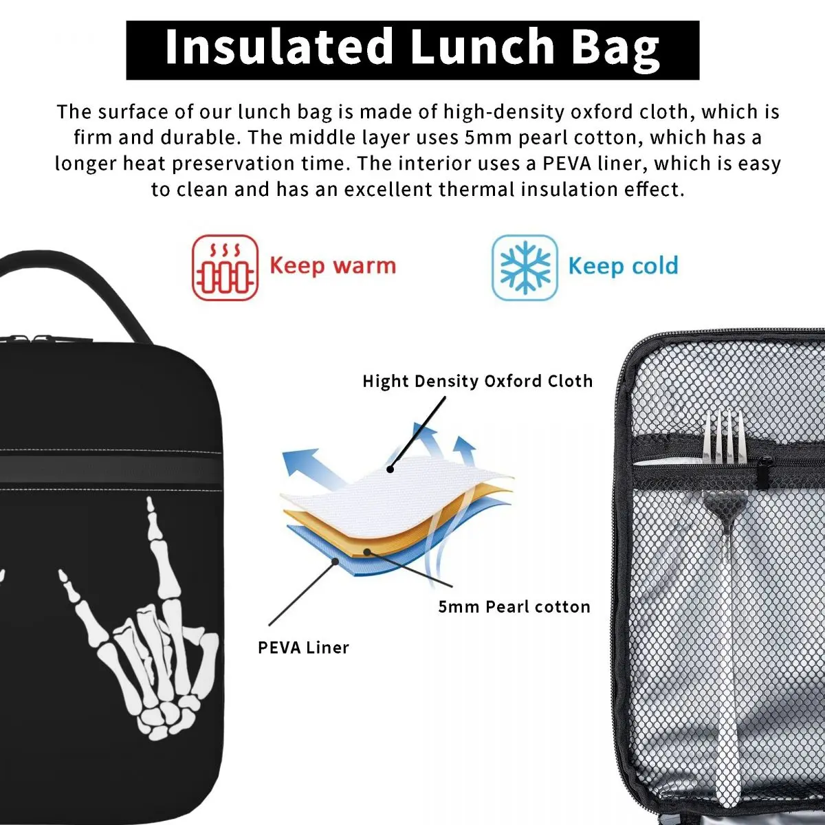 Skeleton Hands Gestures Print Insulated Lunch Bag for Women Children Leakproof Food Boxes Thermal Lunch Box Tote