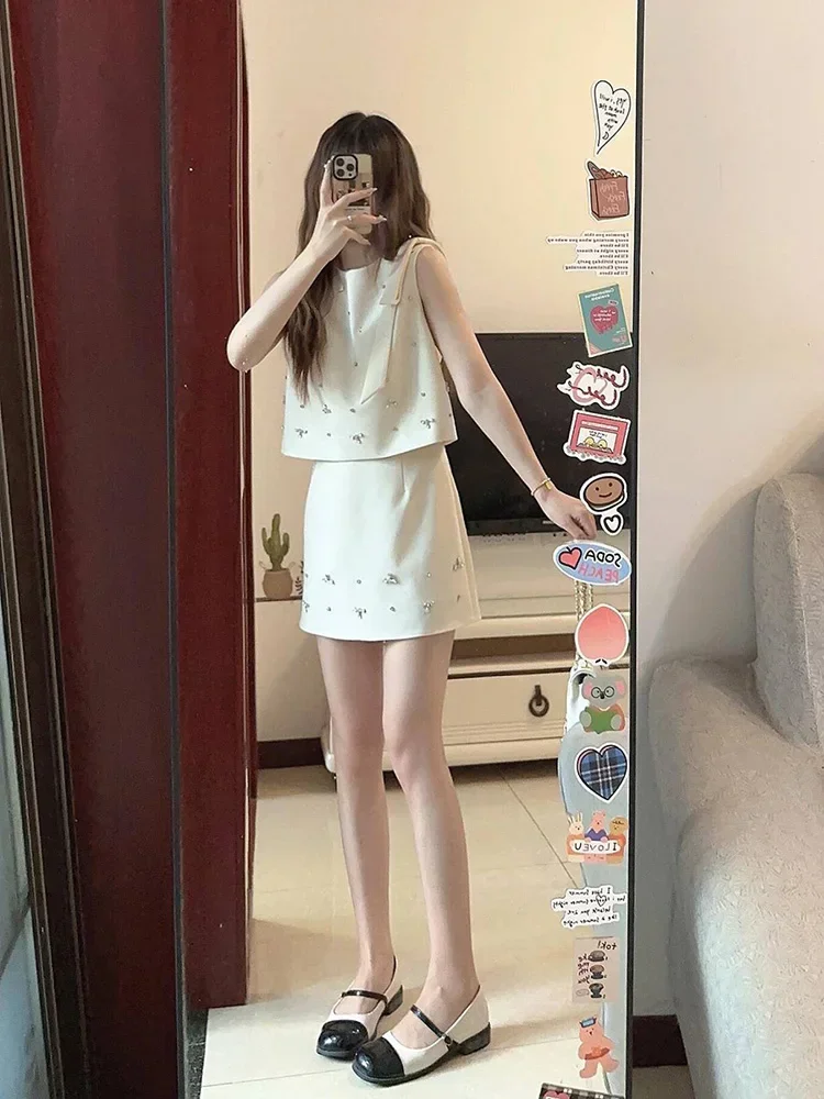 

MiiiiX офисный женский элегантный стильный жилет во французском стиле, верхняя юбка, костюм, женский 2024, летний топ с бантом, топ без рукавов, юбка, комплект из двух предметов