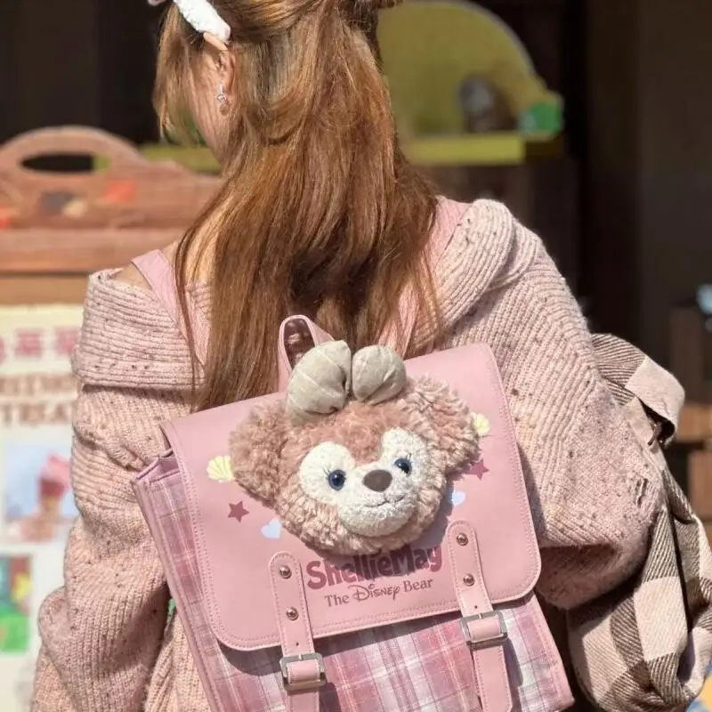 디즈니 더피 셀리메이 귀여운 아카데미 스타일 플러시 더블 버튼 지퍼 대용량 학생 배낭 여행 배낭 소녀 선물
