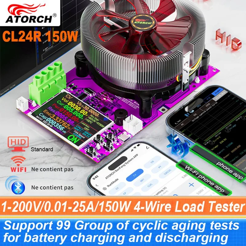 ATORCH CL24R 150W 4-Wires Battery Capacity Tester Wifi Tuya 2.4Inch TFT 1.2V Smart Electronic Load Tester EU Plug