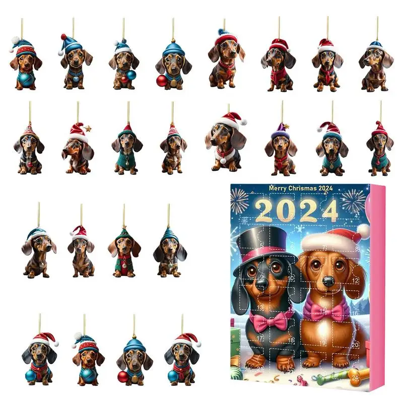 

2024 Christmas Dachshund Advent Calendar Christmas Tree Decoration 2D Flat Dachshund Pendants 24 Day Countdown Calendar