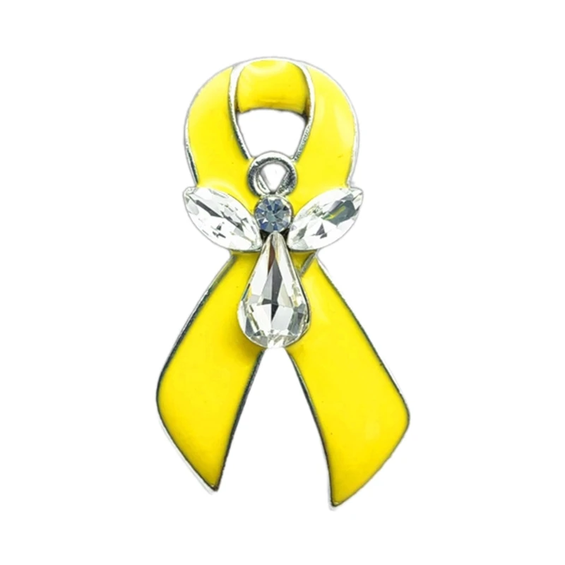 ZB91 Elegant Ribbon Angel Pin Adornment Inspirational Yellow Ribbon Angel Pin with Crystals Fashion forward Pin Jewelry