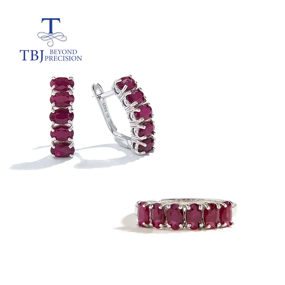 Tbj Kostbare Natuurlijke Robijn 3*5Mm Ovale Ontwerper Chique Gesp Zilveren Ring Oorbel Sieraden Set Luxe Sieraden Voor Vrouwen Dame Leuk Cadeau