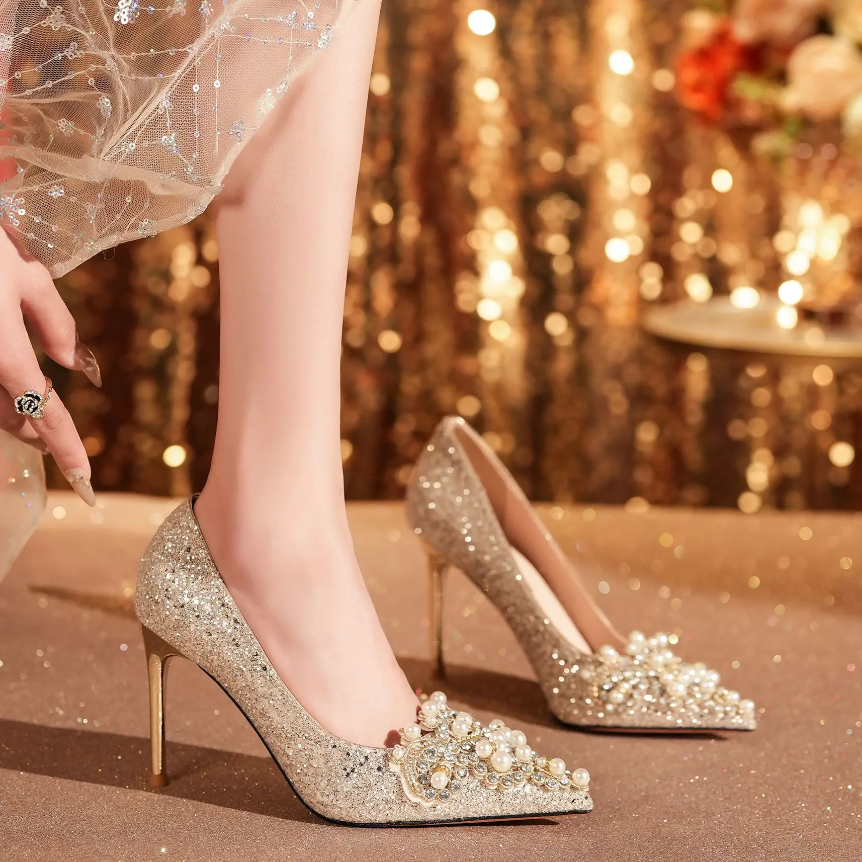 66 Sequined Pearl Applique Stiletto High Heels Wedding Shoes Banquet Dress Comfortable and High-End Women's Shoes