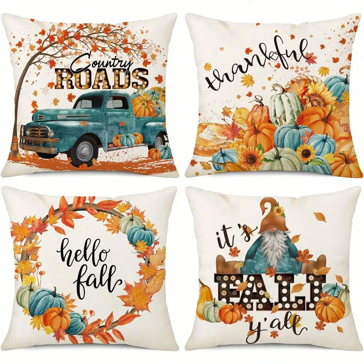 4pcs Autumn Pillowcase Maple Leaf Truck Pumpkin Thanksgiving Decoration Fall Leaf Wreath Gnome Harvest Throw Pillowcase Sofa 2D Print Decorative Polyester Soft Single-Sided Pillowcase For Living Room Bedroom Sofa Decorative Throw Pillow Covers