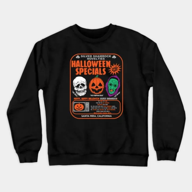

Autumn and Winter Halloween Specials Silver Shamrock Novelties Themed Cotton Crew Neck Sweatshirt with Classic Horror Elements