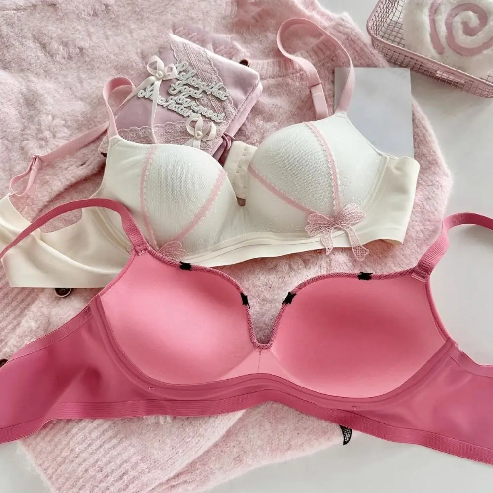 

Lace Bow Wireless Deep V Bra Shockproof Close-fitting Brassiere for Women Gathered Breasts Anti-sagging Seamless Bras Girls