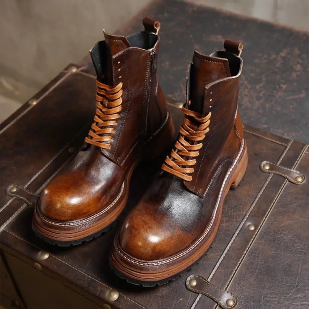 Cow Genuine Leather Motorcycle Boots British Brogue Shoes Platform Retro Big Head Mid-calf Western Chelsea Boots For Men Zipper